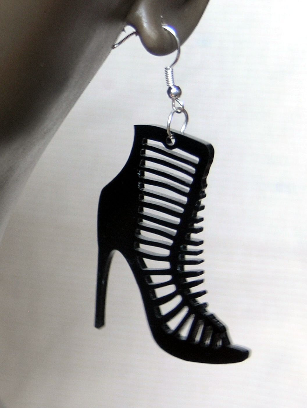 Laser cut black acrylic earrings shoe stilettos