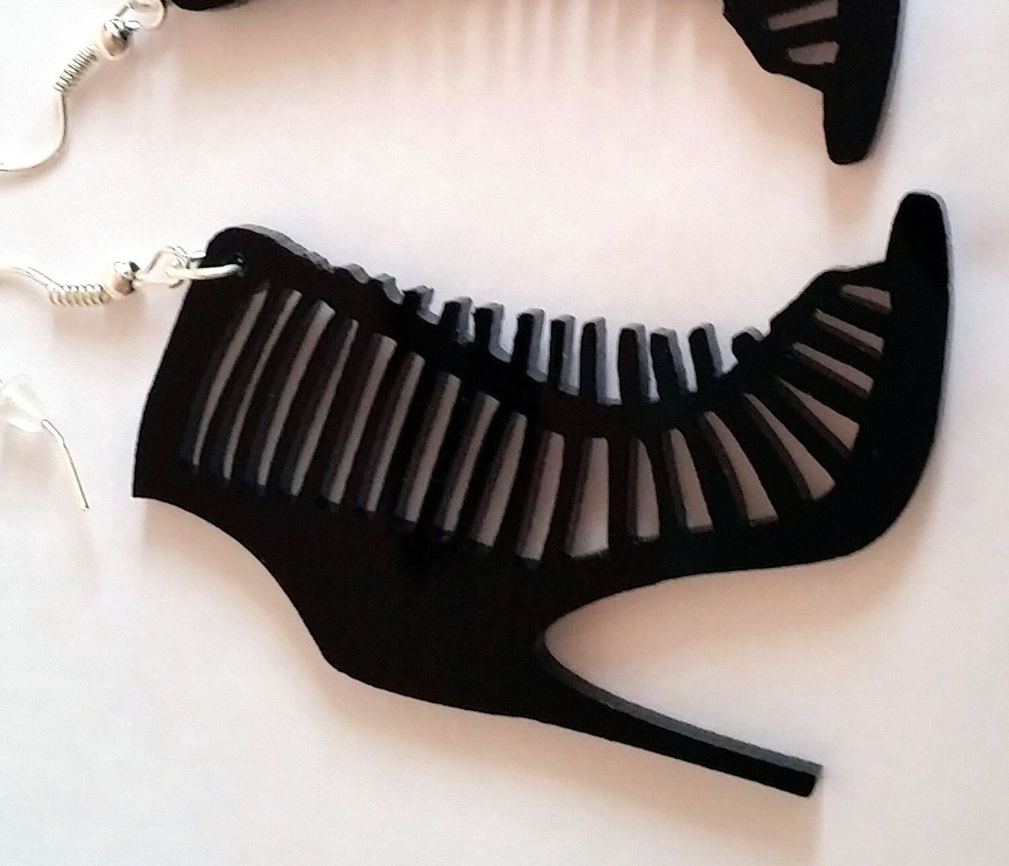 Laser cut black acrylic earrings shoe stilettos