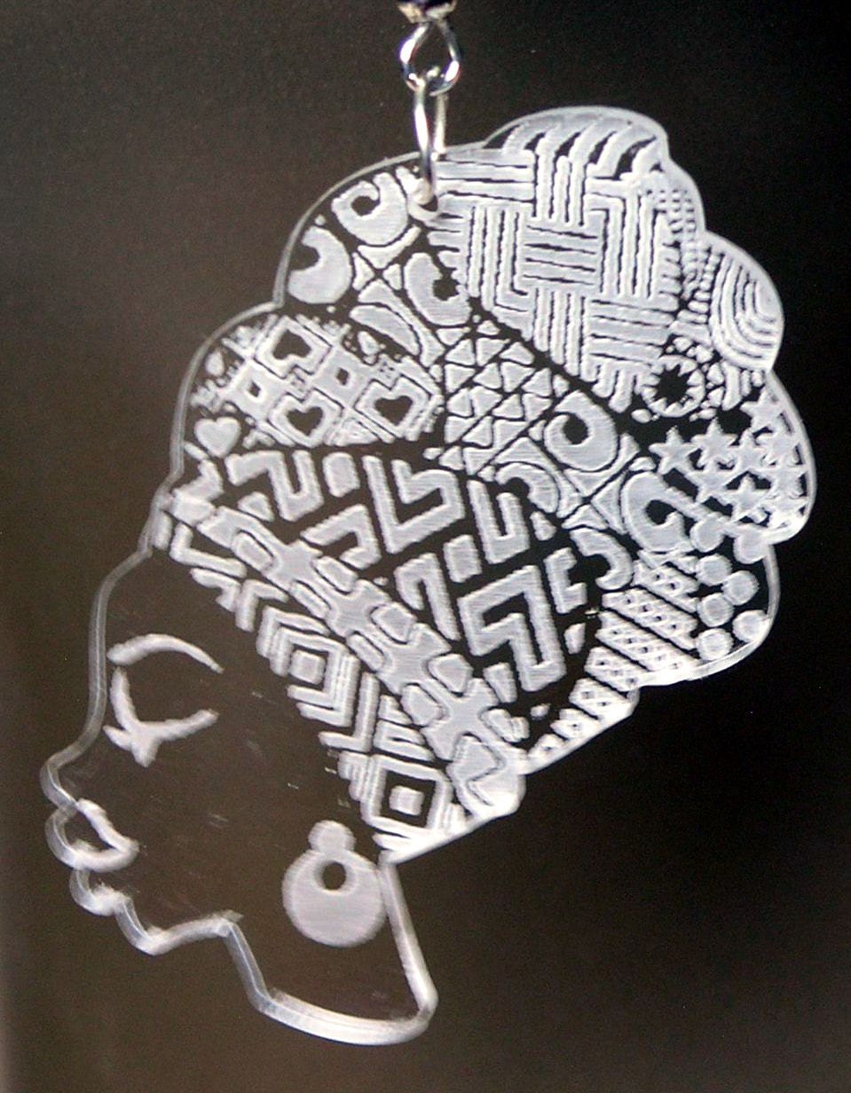 African woman head wrap silhouette clear acrylic earrings glass look