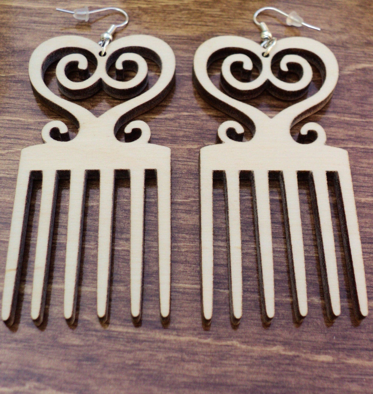 Natural wooden earrings laser cut Adinkra Sankofa pick comb plain birch