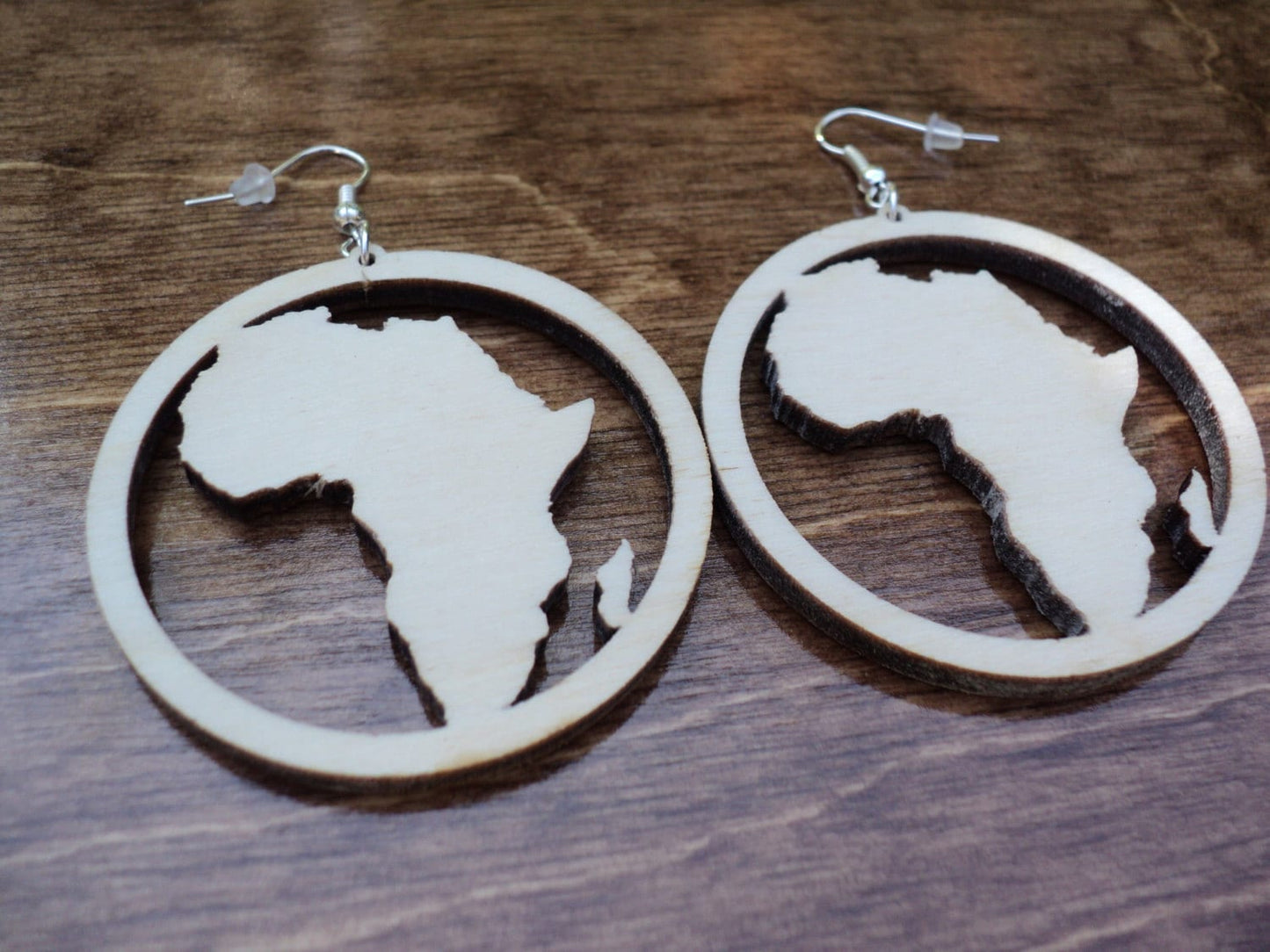 Natural wooden earrings laser cut Africa in a circle plain birch wood earrings hoop earrings