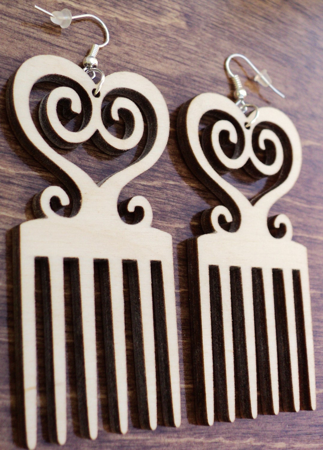 Natural wooden earrings laser cut Adinkra Sankofa pick comb plain birch