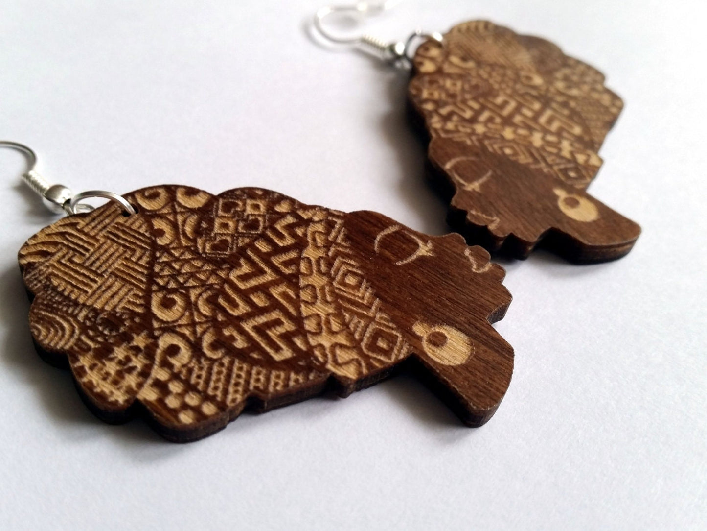 African woman earrings Queen head wrap silhouette wooden engraved turbanista