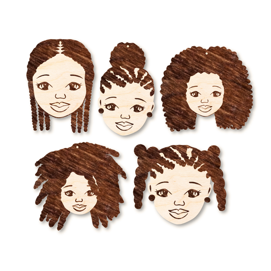 5 wooden shilouettes of Afro girls with natural hair