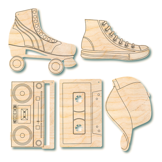 wooden shapes of roller skates, snickers, cassette tape, cap on a white background