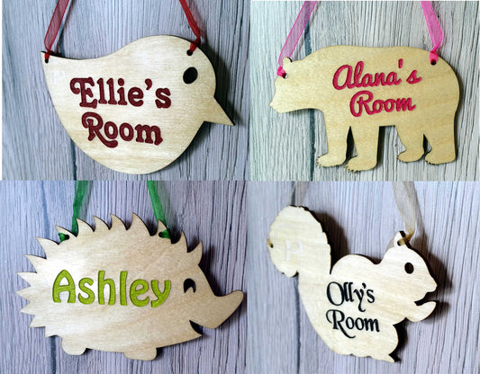 Personalized wooden plaque kids bedroom or pet name sign hedgehog squirel bear bird natural wood