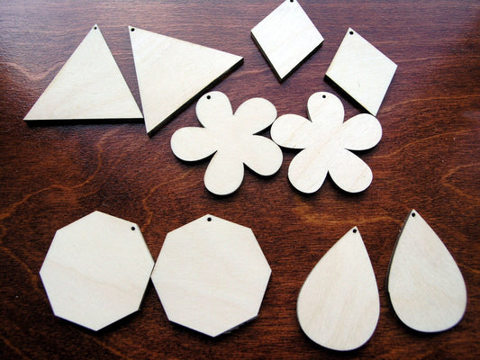 10 x plain birch wooden shapes for jewelry earrings making flower, diamond, triangle, teardrop laser cut tags crafts decoupage Free postage