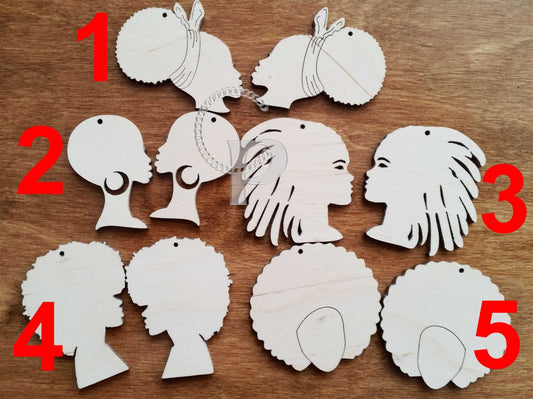 10 plain wooden African girl natural hair shapes jewelry earrings making laser cut crafts decoupage Locs Afro puff silhouette unfinished