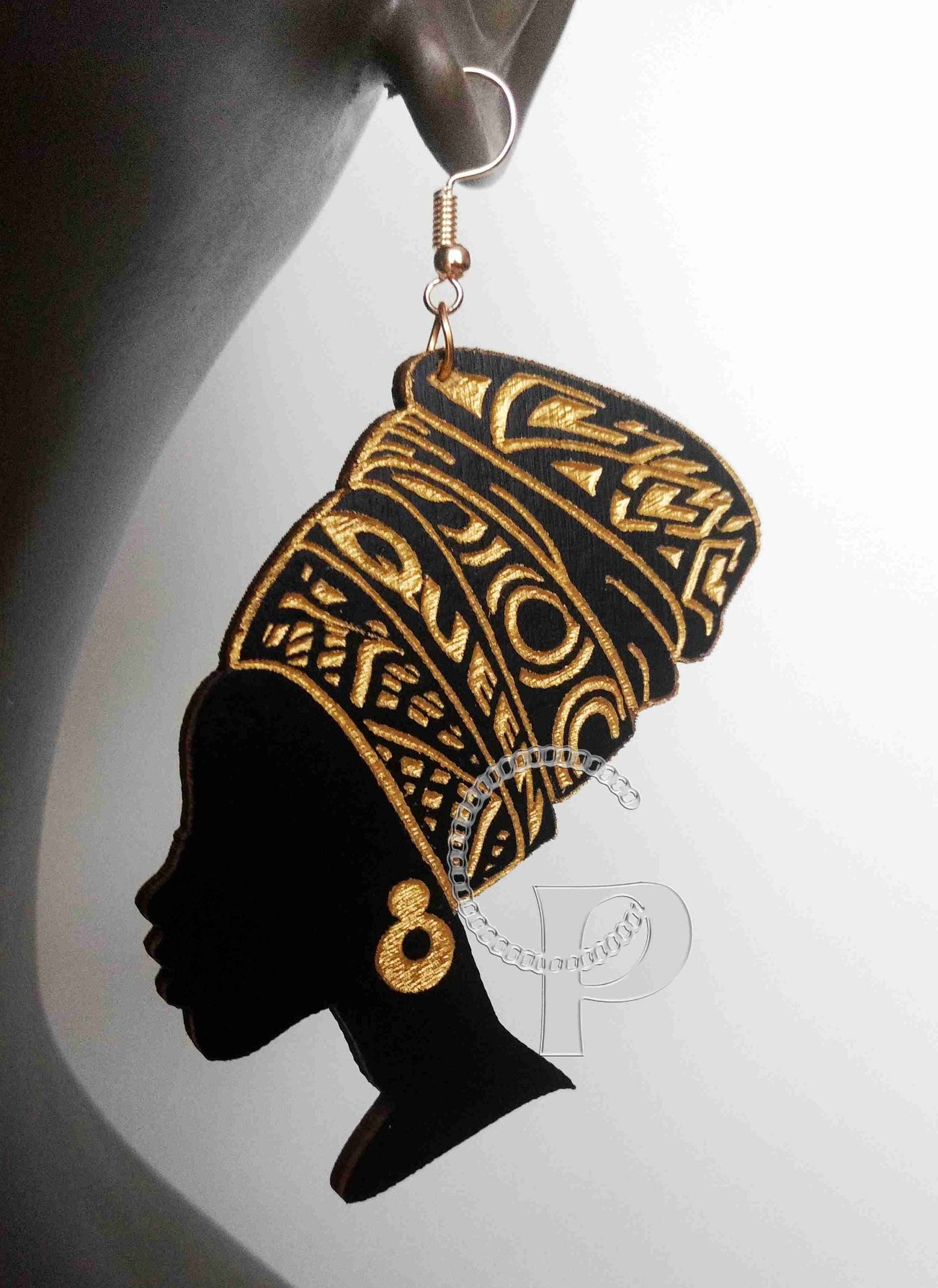 African woman Queen head wrap silhouette wooden engraved earrings black and gold