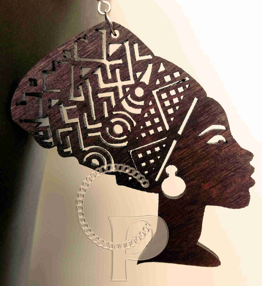 Beautiful laser cut wooden Afro head wrap silhouette earrings Africa earring dark brown or tan wood