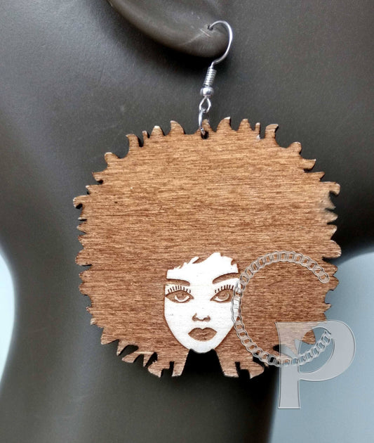 Lagre natural wooden laser cut and engraved earrings African woman Afro silhouette