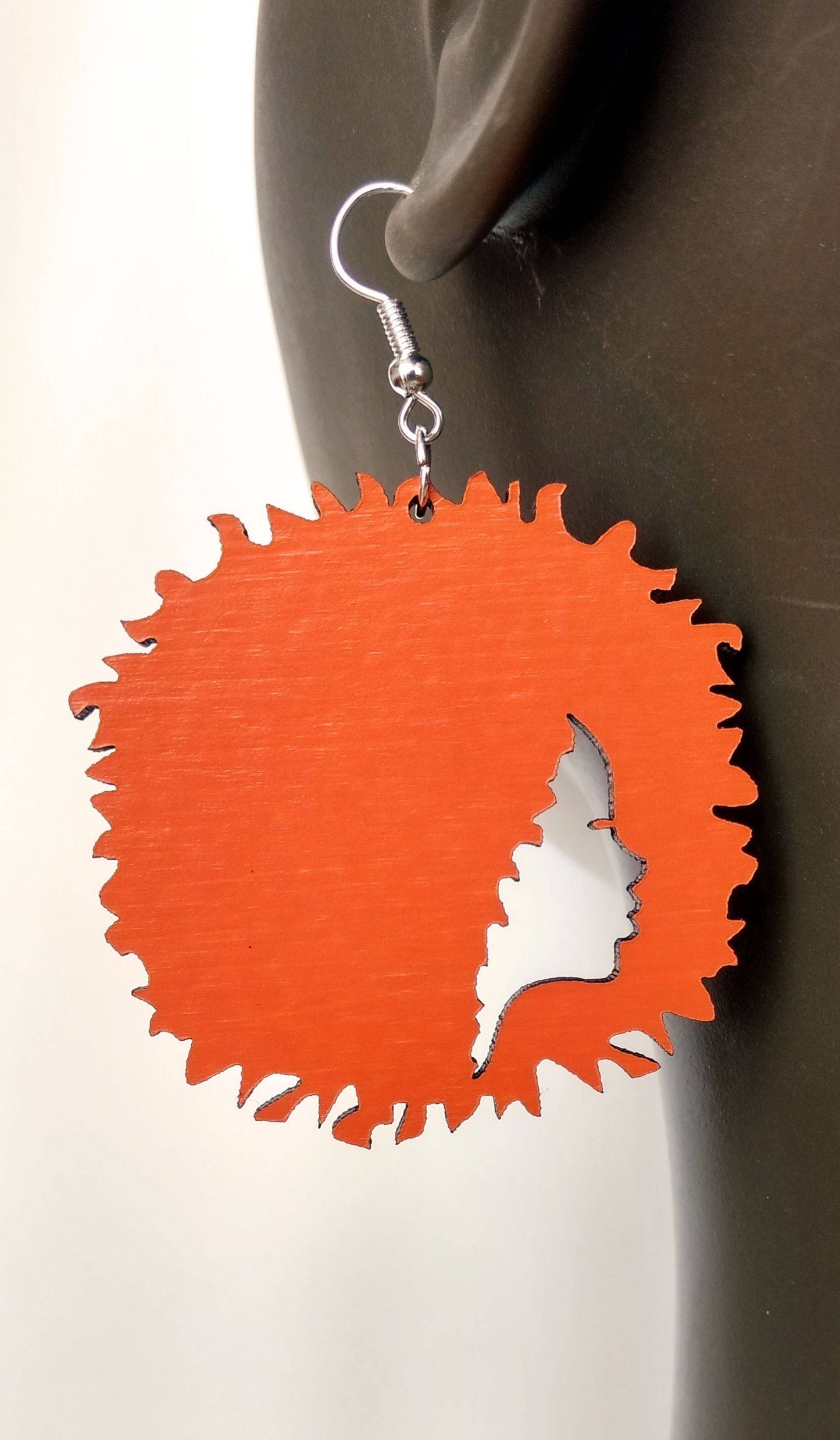 Laser cut wooden earrings Afro hair girl colours red black blue white turquoise