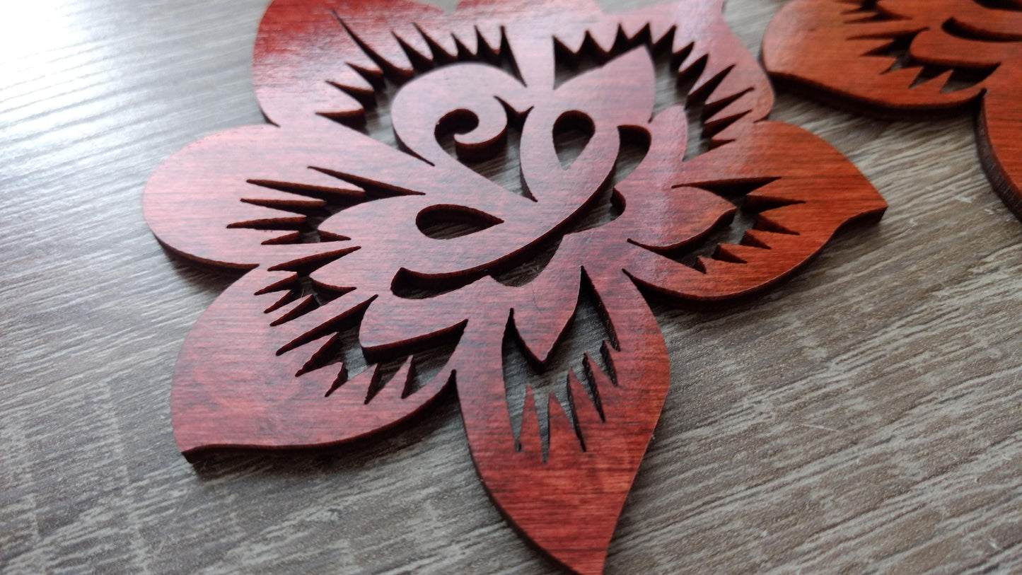 Flower shaped wooden earrings boho style jewelry mahogany laser cut folk floral ethnic hand painted