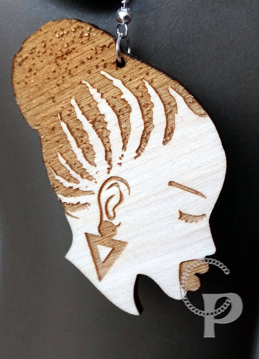 Lagre natural wooden laser cut and engraved earrings African woman updo silhouette