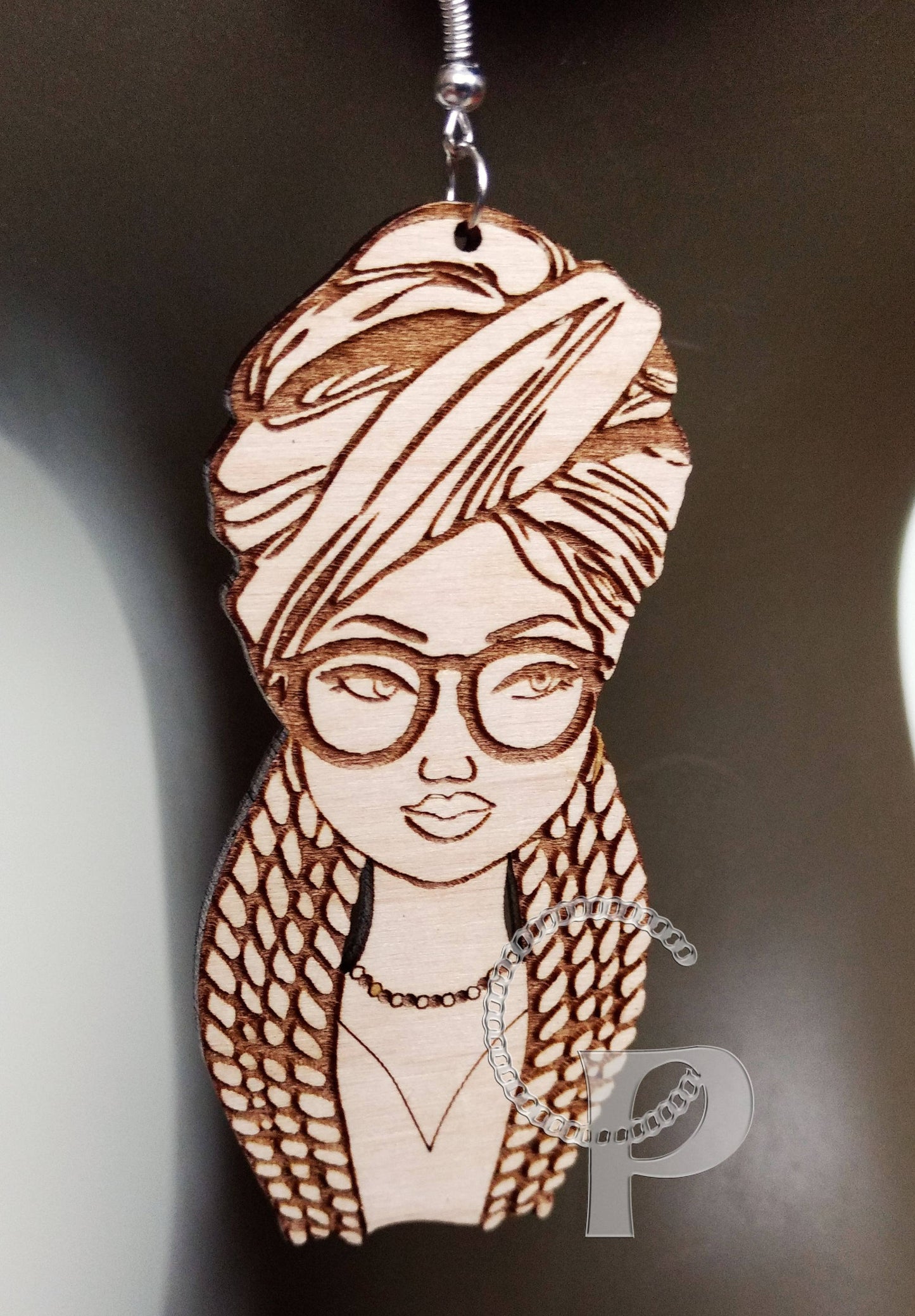 Lagre natural wooden laser cut and engraved earrings African woman headwrap locs glasses silhouette