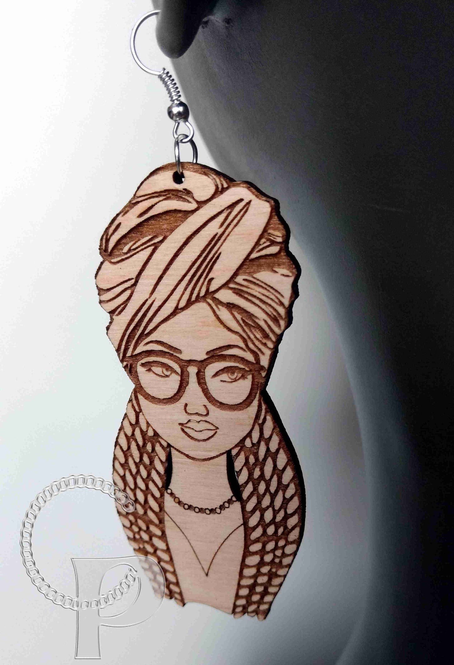 Lagre natural wooden laser cut and engraved earrings African woman headwrap locs glasses silhouette