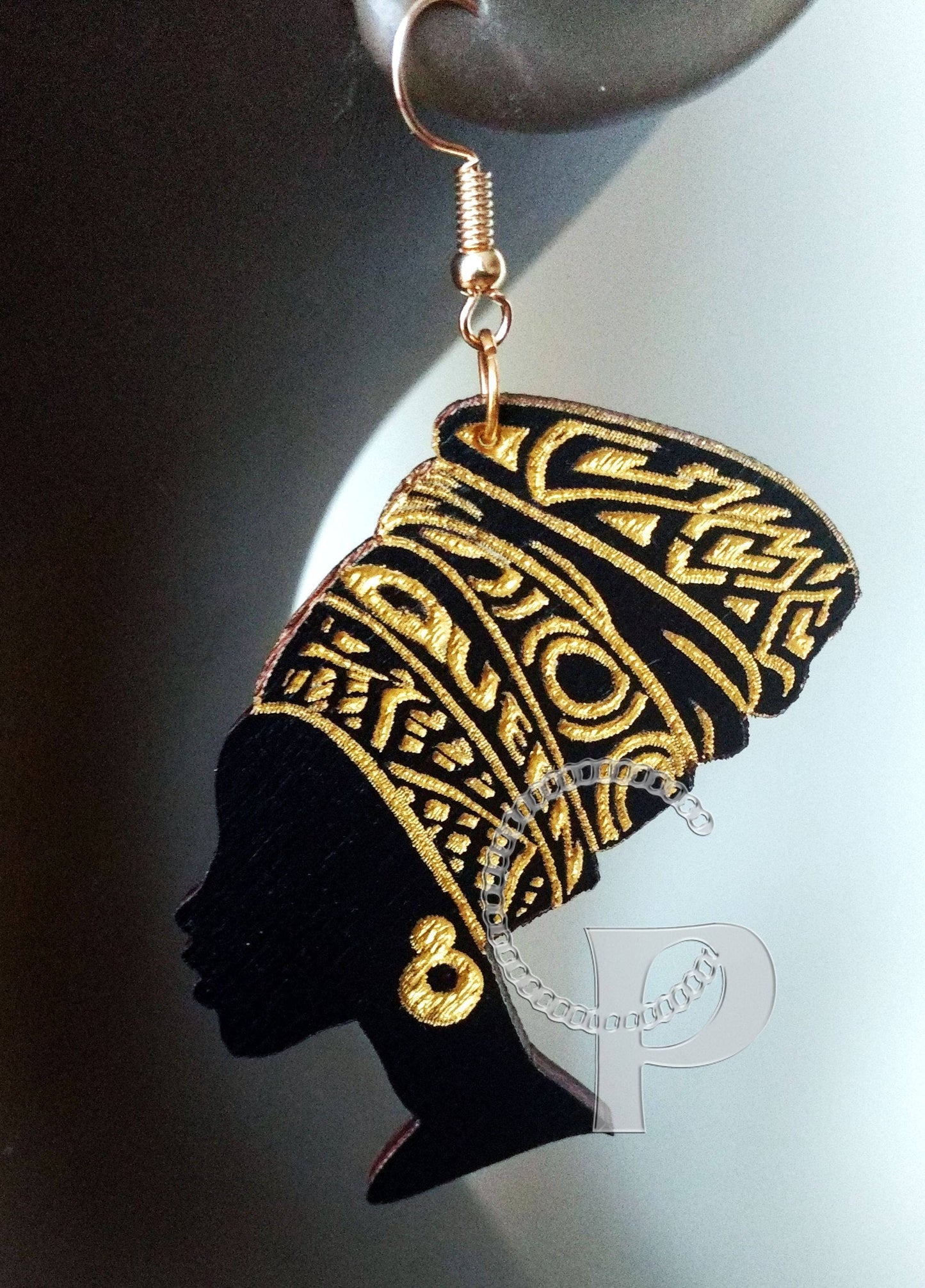 African woman Queen head wrap silhouette wooden engraved earrings black and gold