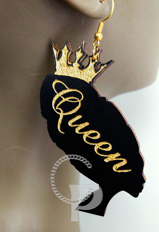 African woman Queen head wrap silhouette wooden engraved earrings black and gold crown