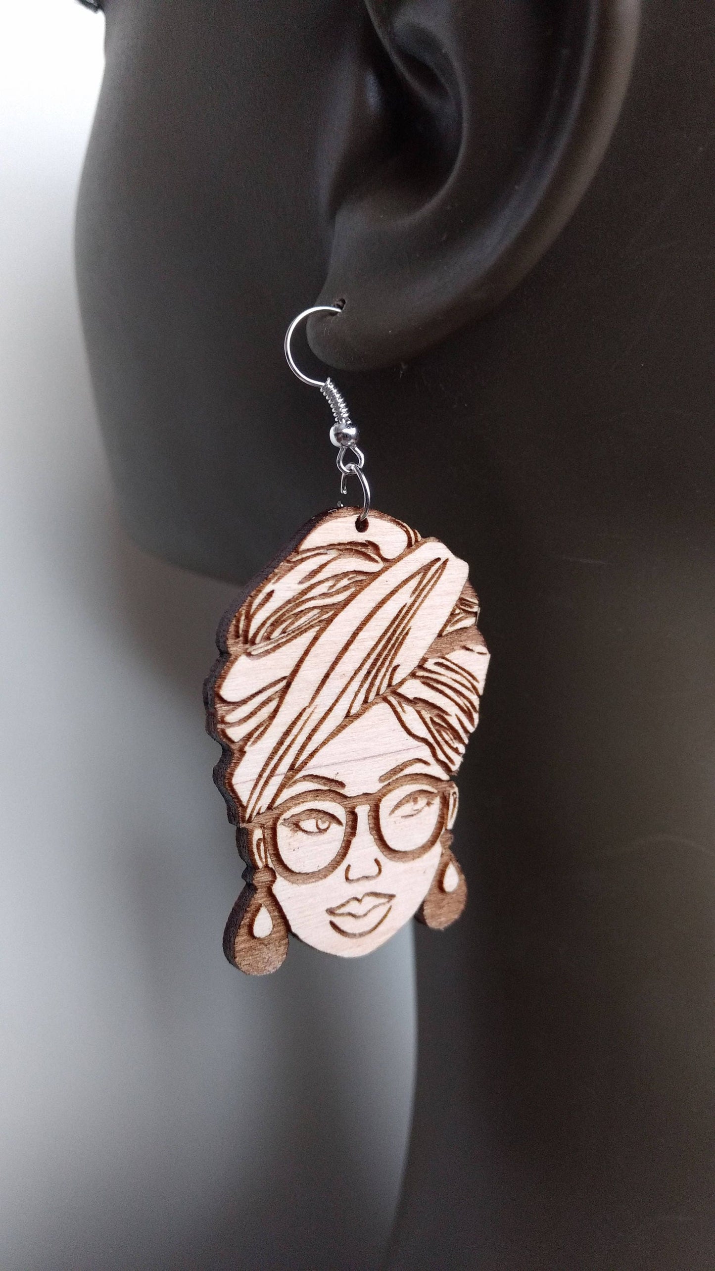 Lagre natural wooden laser cut and engraved earrings African woman headwrap glasses silhouette