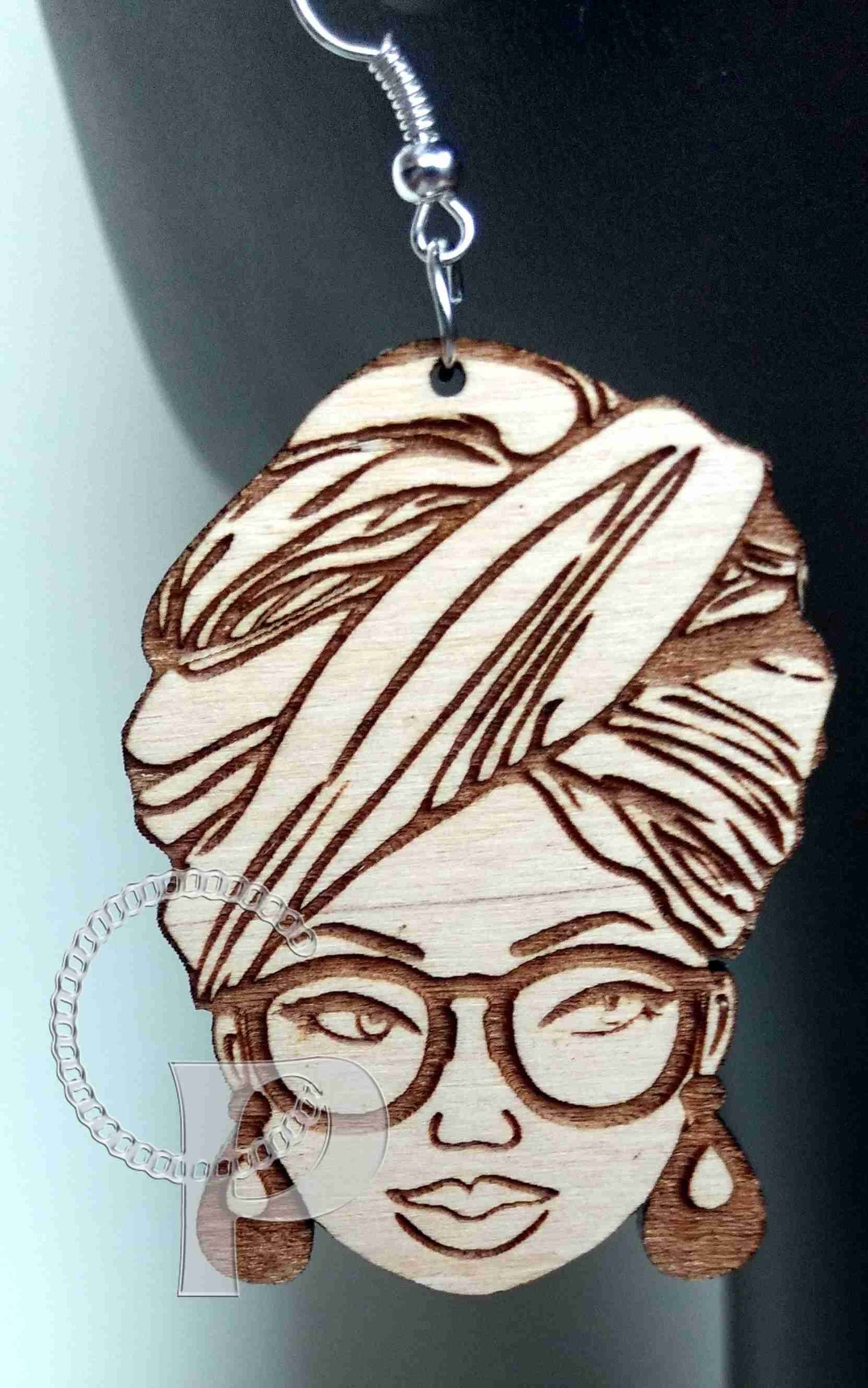 Lagre natural wooden laser cut and engraved earrings African woman headwrap glasses silhouette