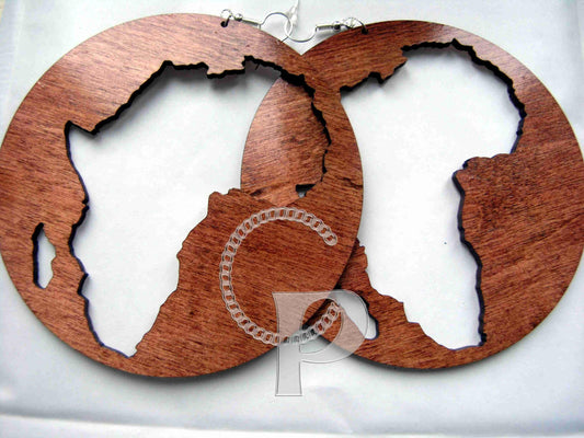 Laser cut wooden earrings Africa cut out in a circle in deep mahogany, choice of sizes