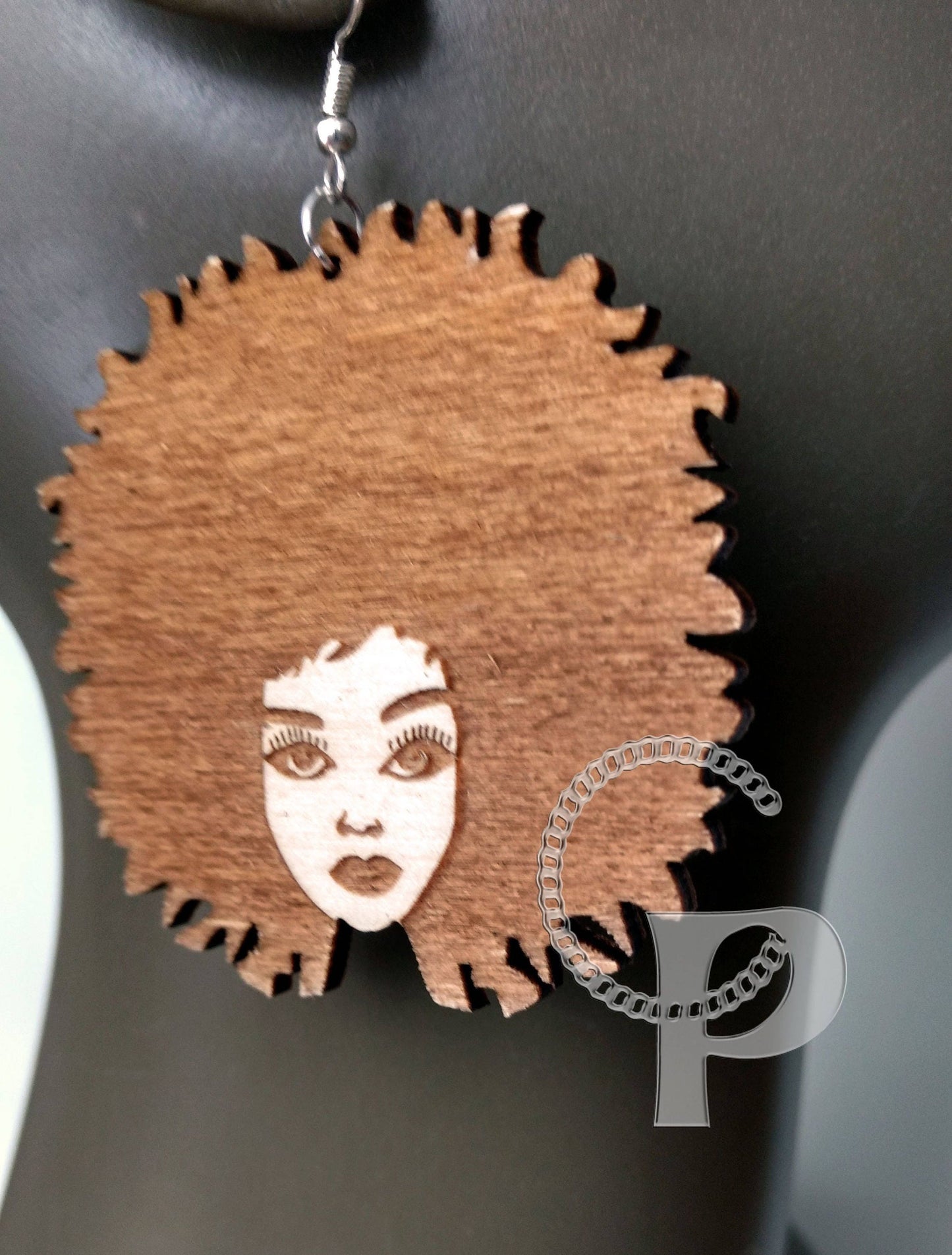 Lagre natural wooden laser cut and engraved earrings African woman Afro silhouette