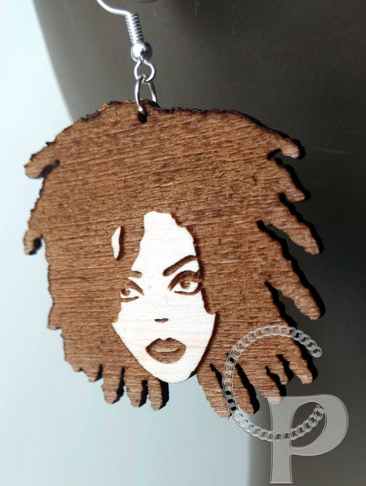 Lagre natural wooden laser cut and engraved earrings African woman Locs silhouette