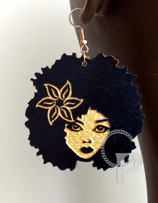 African woman Afro silhouette wooden engraved natural hair earrings flower black and gold