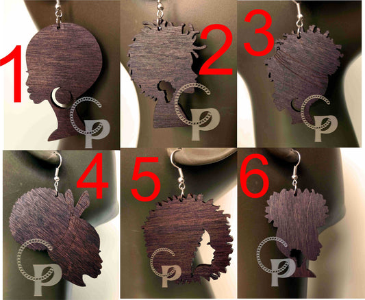 Lagre natural wooden laser cut African woman silhouette earrings, afronatural hair choice of shapes and sizes