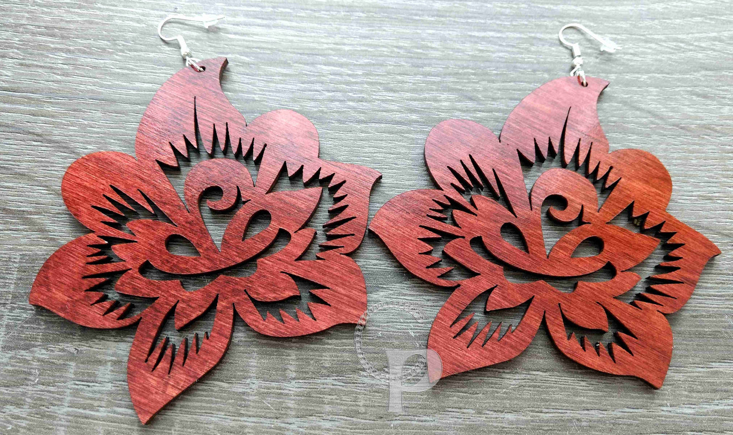 Flower shaped wooden earrings boho style jewelry mahogany laser cut folk floral ethnic hand painted