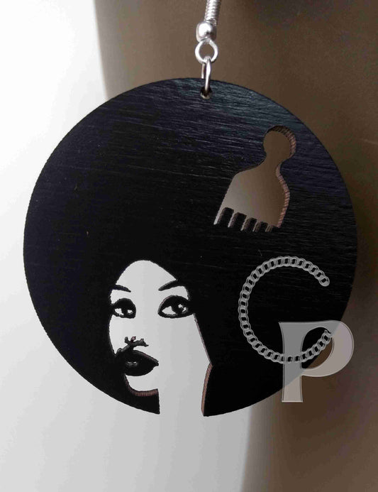 Laser cut wooden earrings Afro pick hair girl silhouette,different colours: red black blue white turquoise