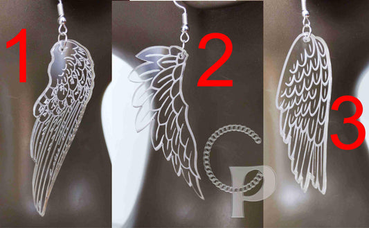 Laser cut and engraved clear acrylic earrings glass look Angel wings transparent