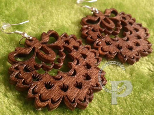 Laser cut folk flower wooden earrings in Indian rosewood large sizes