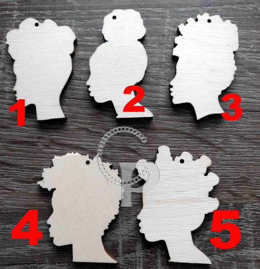 10 plain wooden Africa girl natural hair shapes jewelry earrings making laser cut crafts Afro side silhouette unfinished Free postage