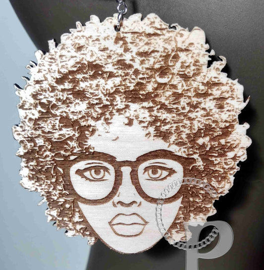 Lagre natural wooden laser cut and engraved earrings African woman Afro silhouette natural hairstyle glasses