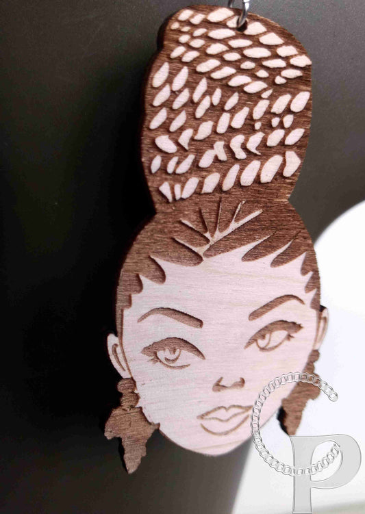 Lagre natural wooden laser cut and engraved earrings African woman Afro silhouette braided bun updo