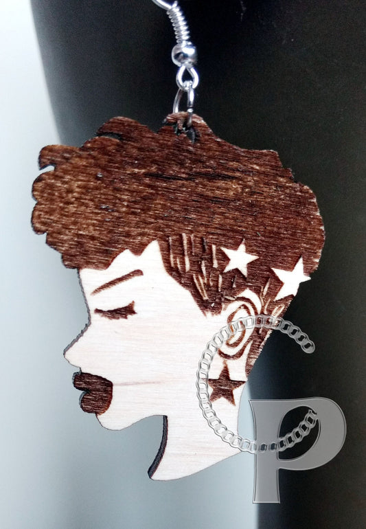 Lagre natural wooden laser cut and engraved earrings African woman short hair silhouette