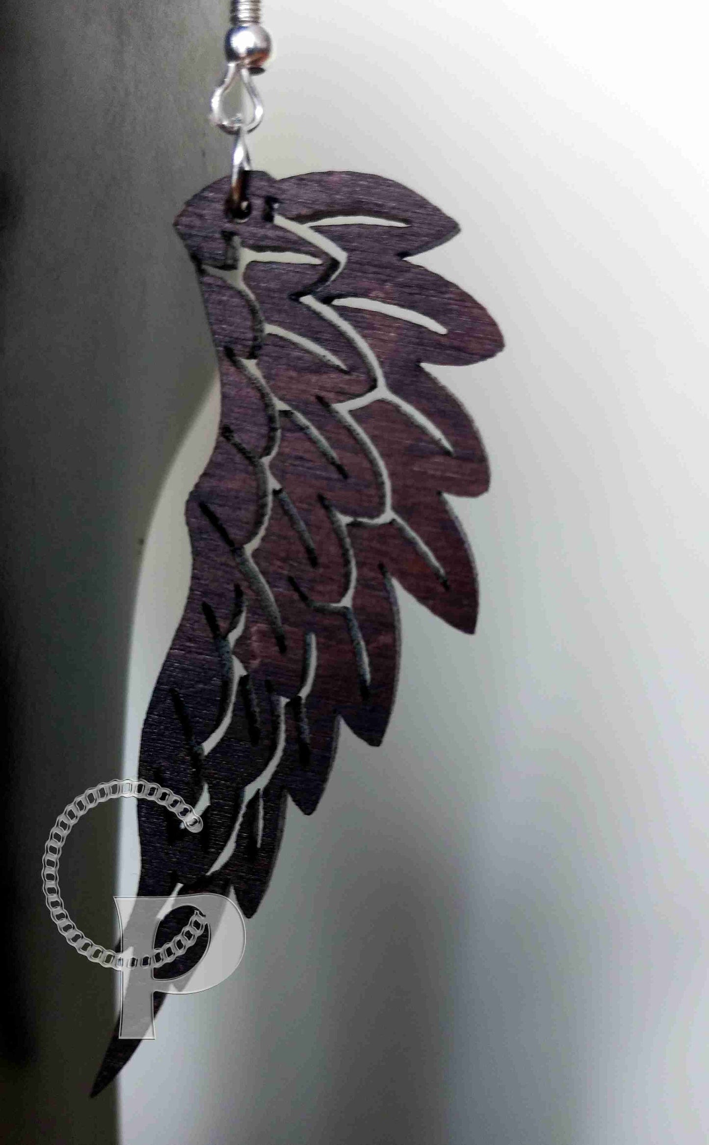 Lagre natural wooden laser cut earrings in dark brown choice of shapes and sizes wings , feathers