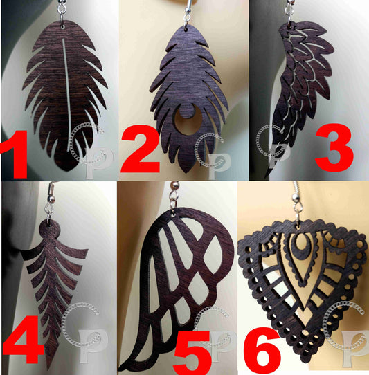 Lagre natural wooden laser cut earrings in dark brown choice of shapes and sizes wings , feathers