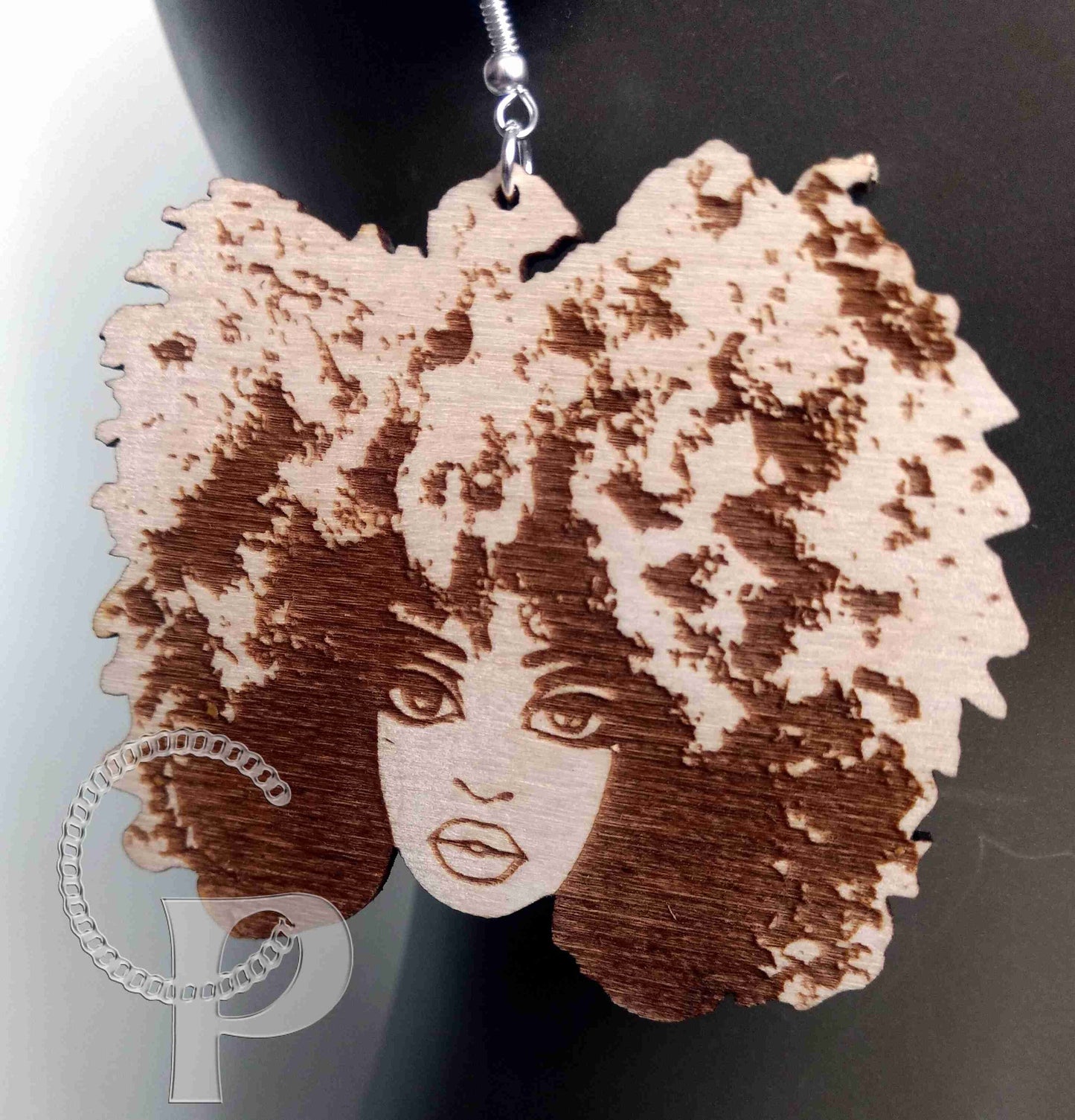 Lagre natural wooden laser cut and engraved earrings African woman Afro silhouette natural hair