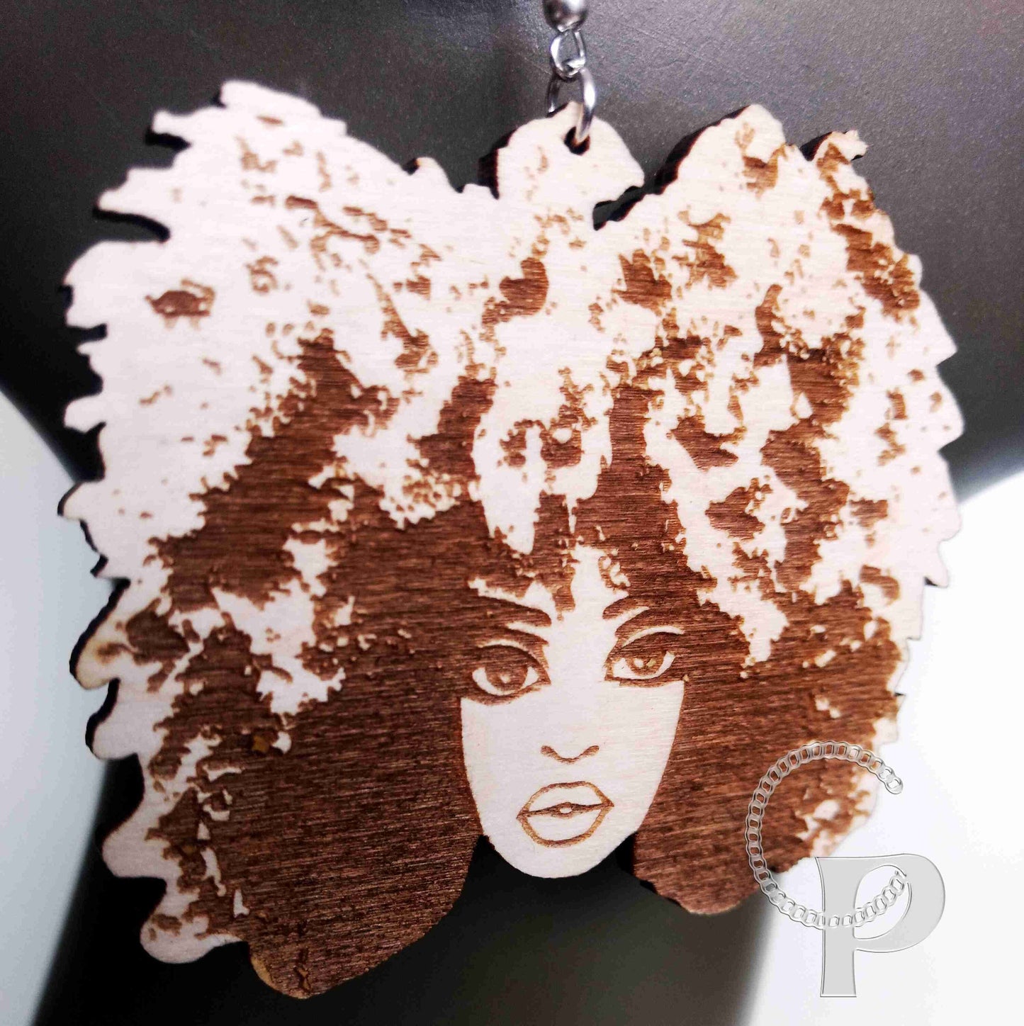 Lagre natural wooden laser cut and engraved earrings African woman Afro silhouette natural hair