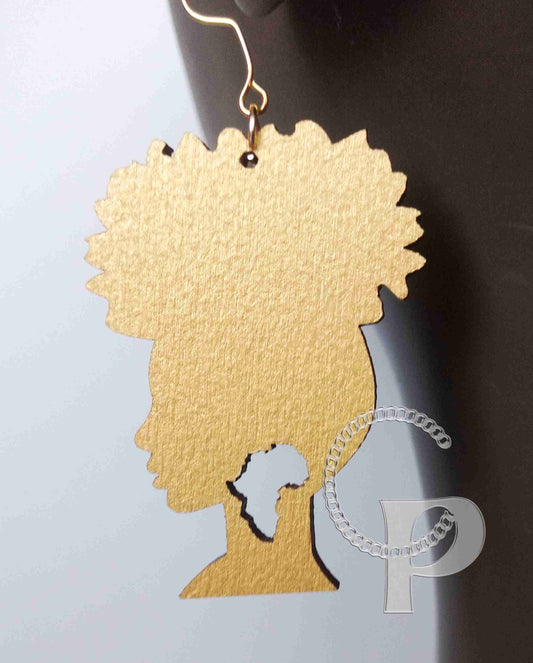 Laser cut wooden earrings Afro hair girl Africa colours gold silver red black blue white turquoise