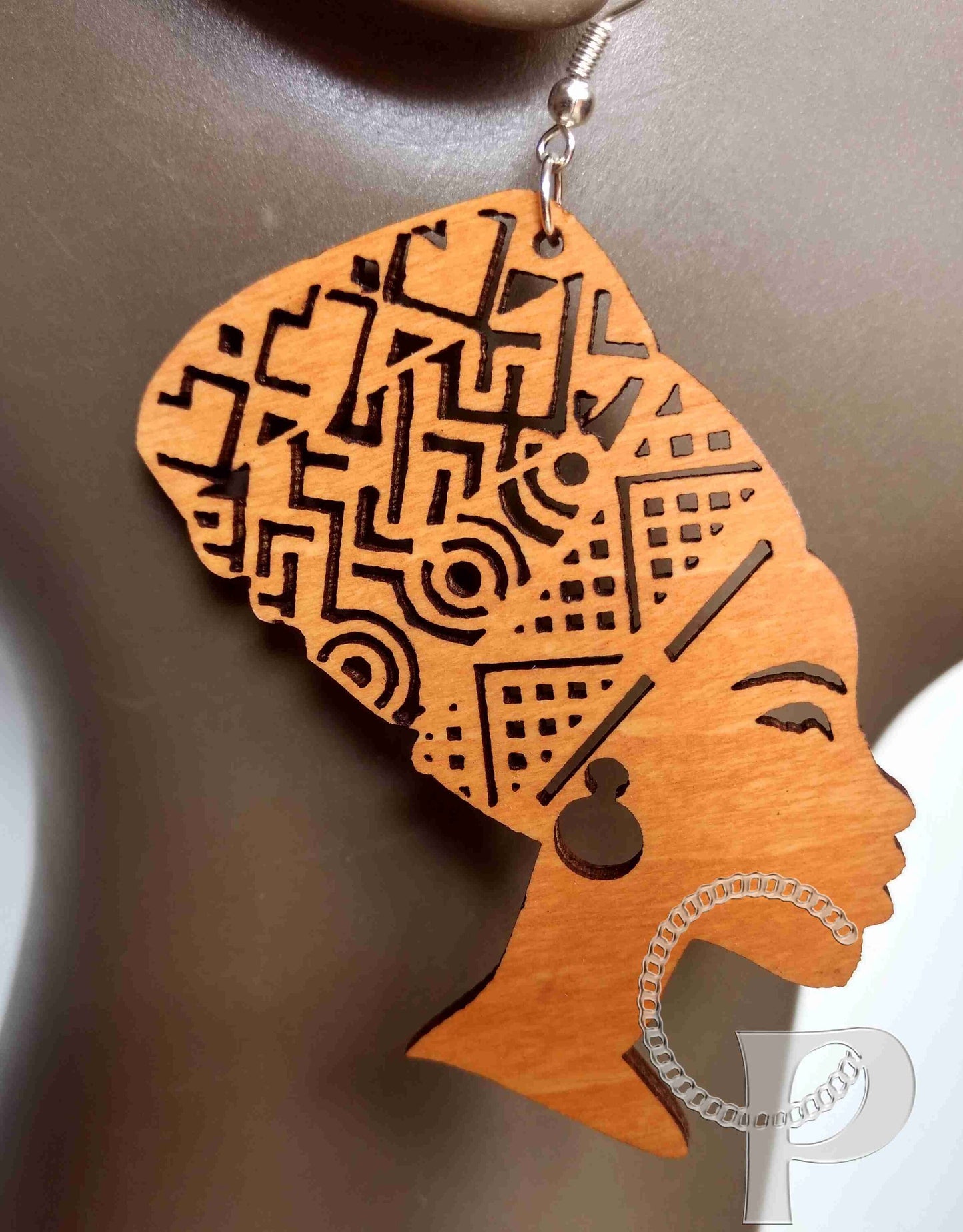 Beautiful laser cut wooden Afro head wrap silhouette earrings Africa earring dark brown or tan wood