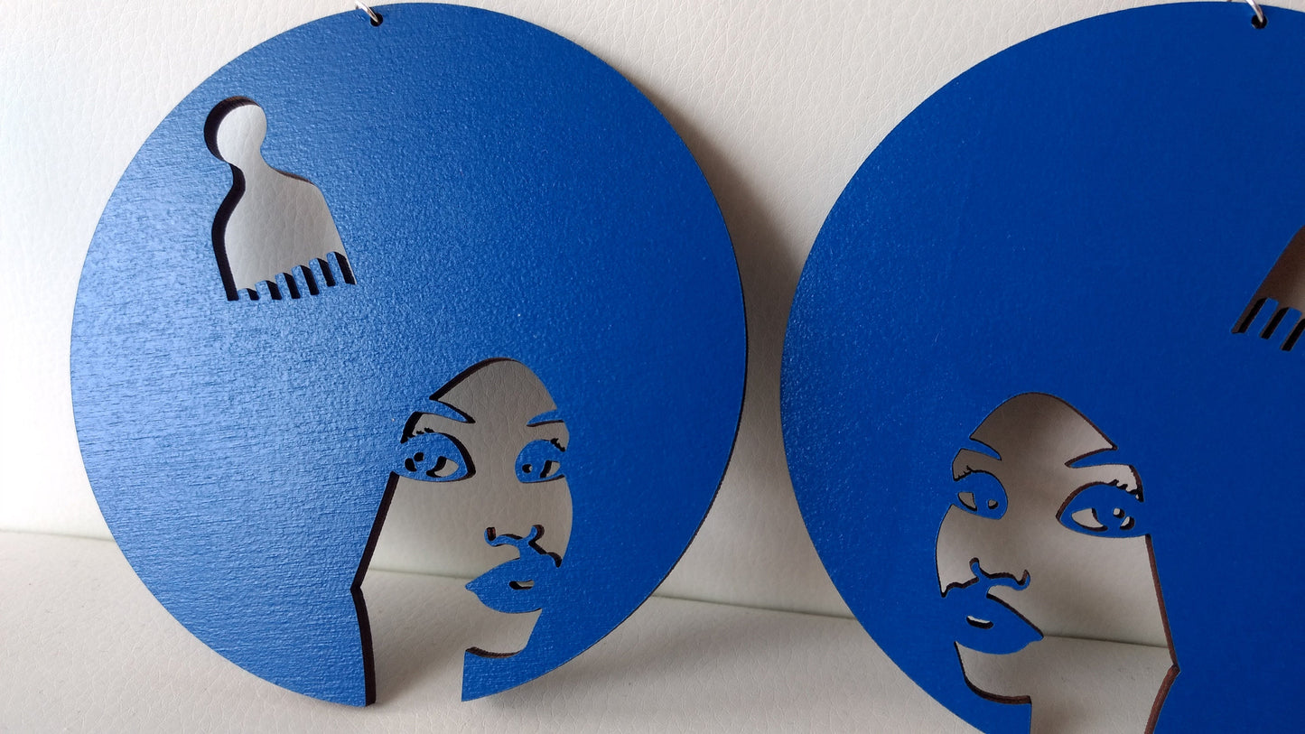 Laser cut wooden earrings Afro pick hair girl silhouette,different colours: red black blue white turquoise