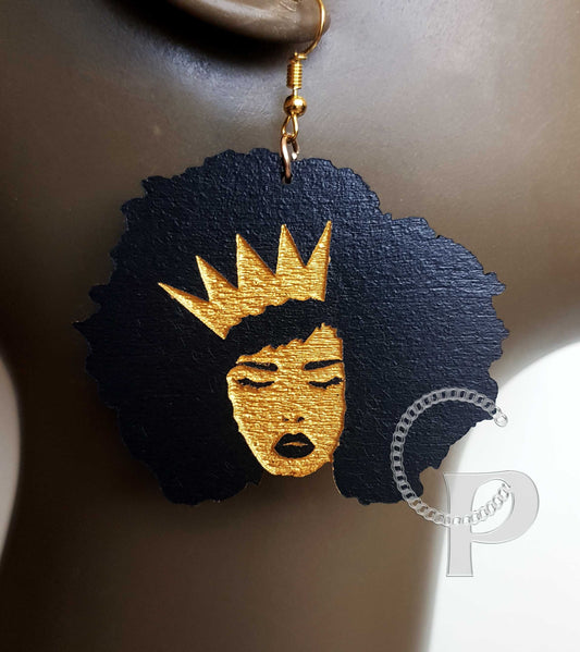 African woman Afro Queen silhouette wooden engraved natural hair earrings black and gold crown