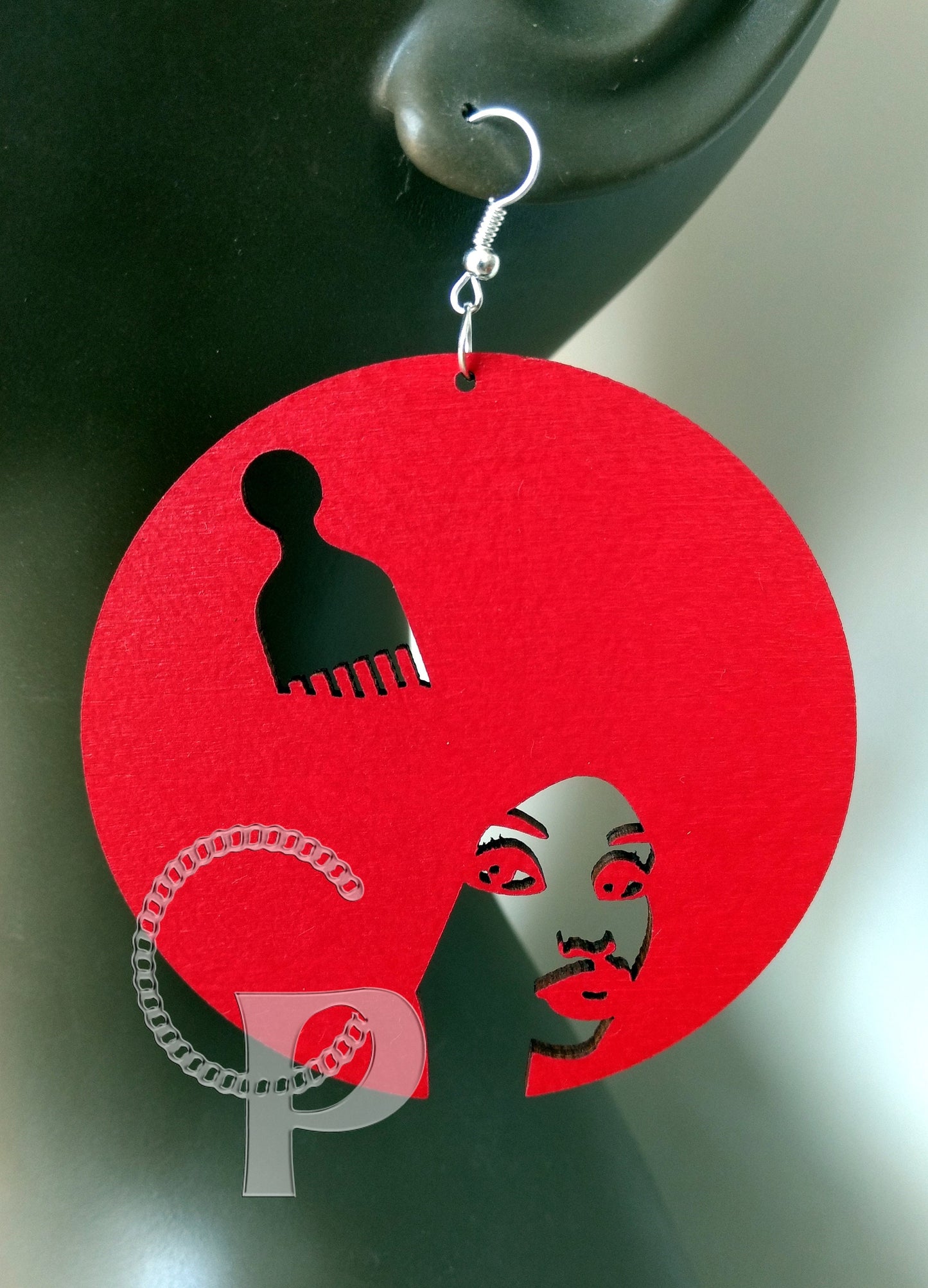 Laser cut wooden earrings Afro pick hair girl silhouette,different colours: red black blue white turquoise