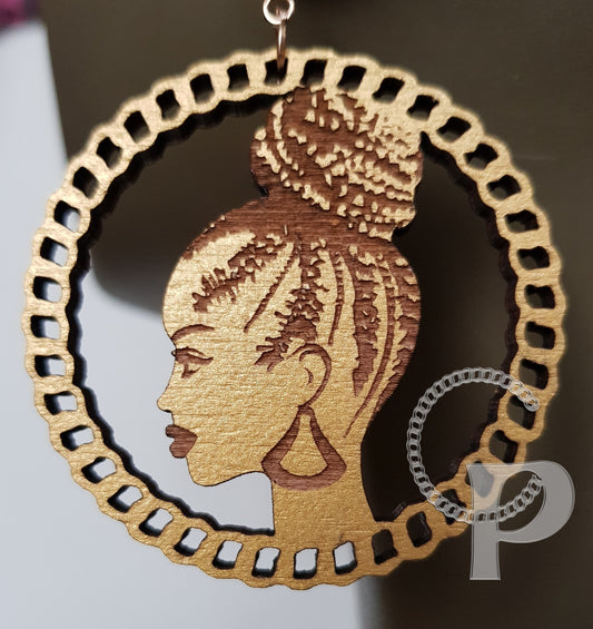 African woman Afro silhouette wooden engraved natural hair earrings gold wood earrings