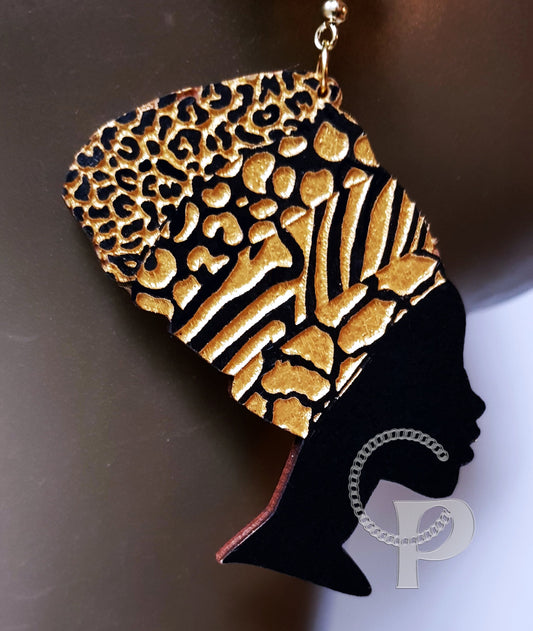 African woman Queen head wrap silhouette wooden engraved wood earrings black and gold animal prints