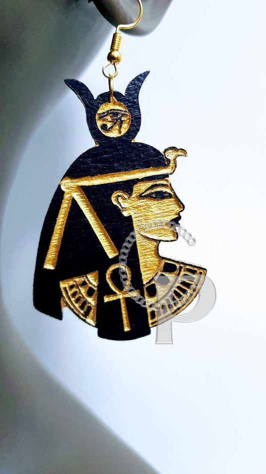 Egyptian Goddess Isis silhouette wooden engraved  earrings black and gold