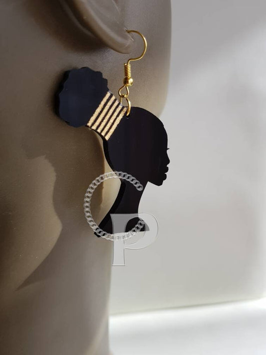 Beautiful laser cut acrylic African silhouette earrings in black acrylic Afro puff